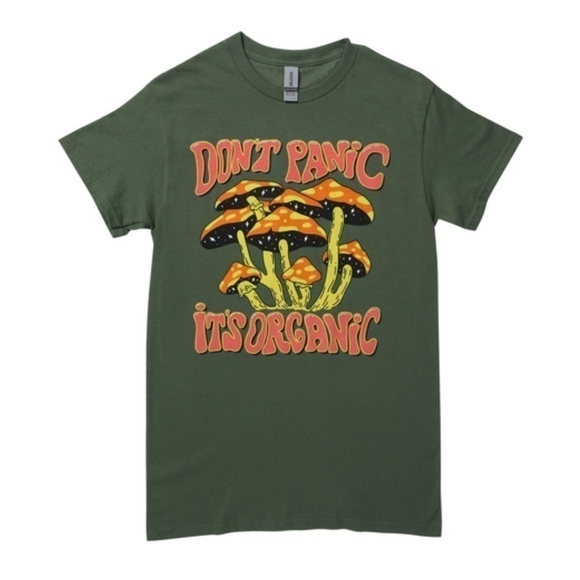 Graphic Tee M Don't Panic, It's Organic' Mushroom Green Psychedelic Shrooms Trip - Picture 1 of 2